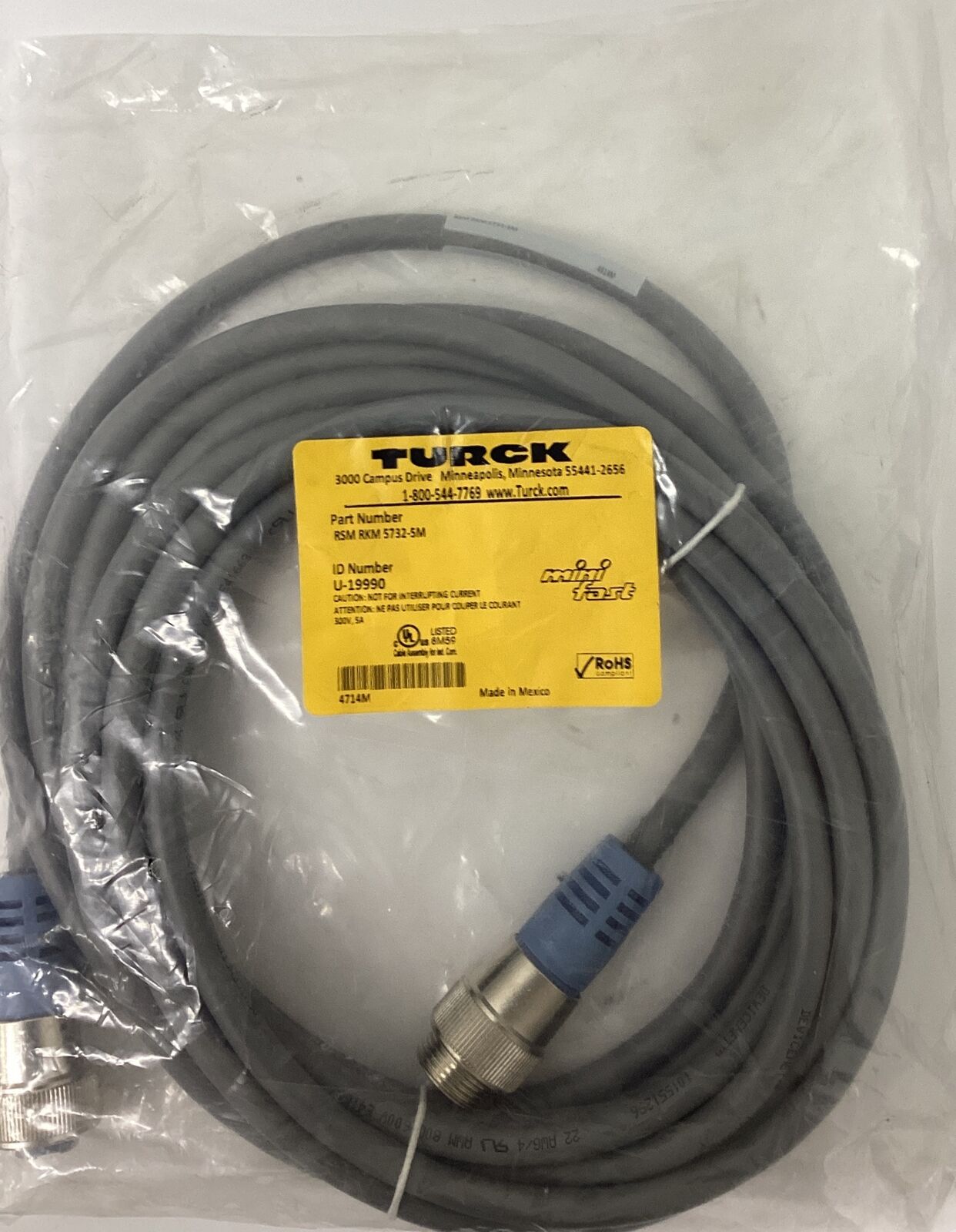 Turck Rsm-Rkm-5732-5M  U-19990 5 Pole Minifast Cable 5 Meters (CBL150) - 0