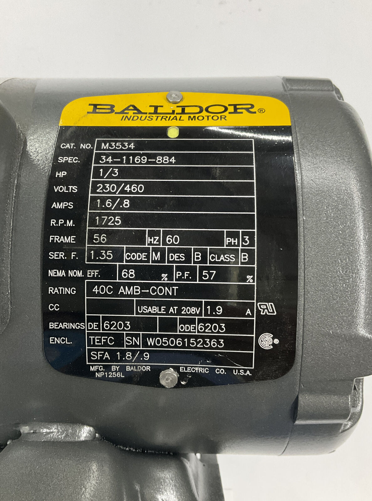 Baldor M3534 /  34-1169-884,  1/3 HP Industrial Motor 1725 RPM Frame 56 (OV118)