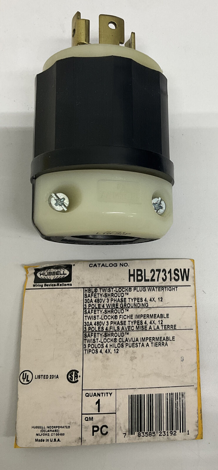 Hubbell HBL27315W Twist-Lock Plug 3-Pole, 4-Wire 480VAC (YE253) - 0