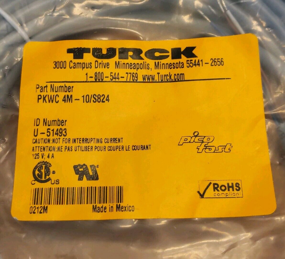 Turck PKWC 4M-10/S824 Pico Fast Cord Set ID U-51493. Factory Sealed (CBL102) - 0