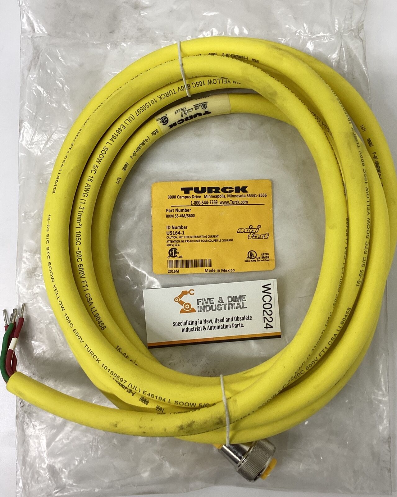 Turck RKM 55-4M/600 / U5164-1 MiniFast 5-Pin 4-Meter Cable Cordset (CBL149)