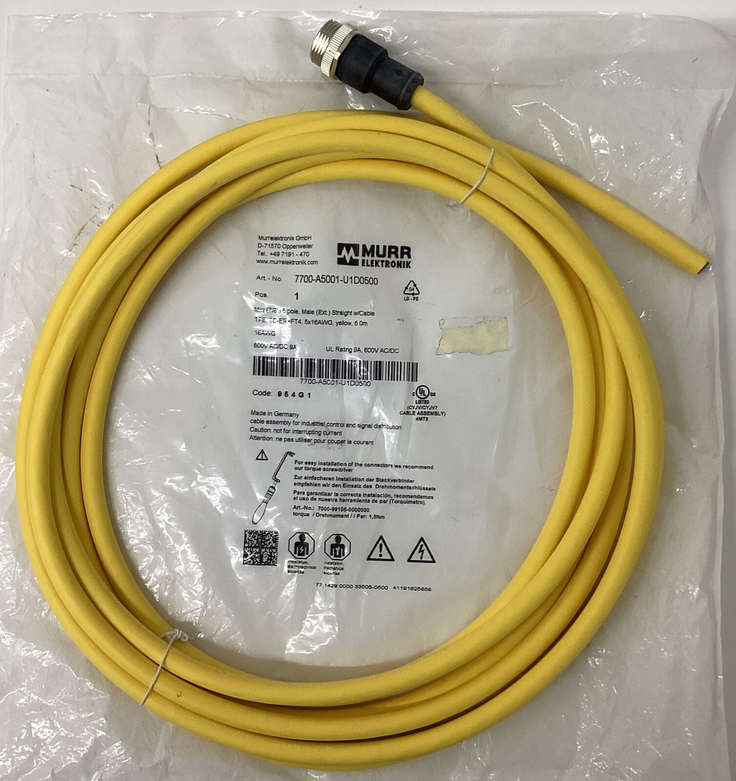 Murr 7700-A5001-U1D0500 Mini 7/8'' 5-Pole, Male Cable 5 Meter (CBL141)