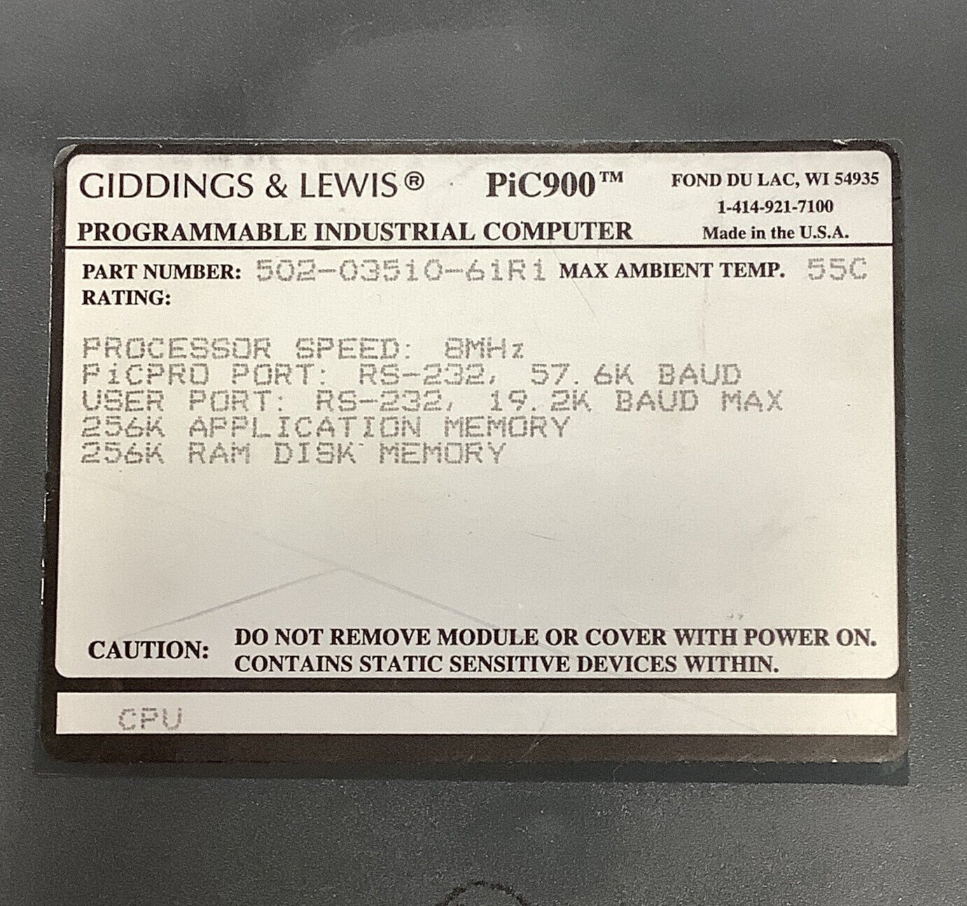 Giddings and Lewis PiC900 CPU 8Mhz 502-03510-61R1 (YE149)