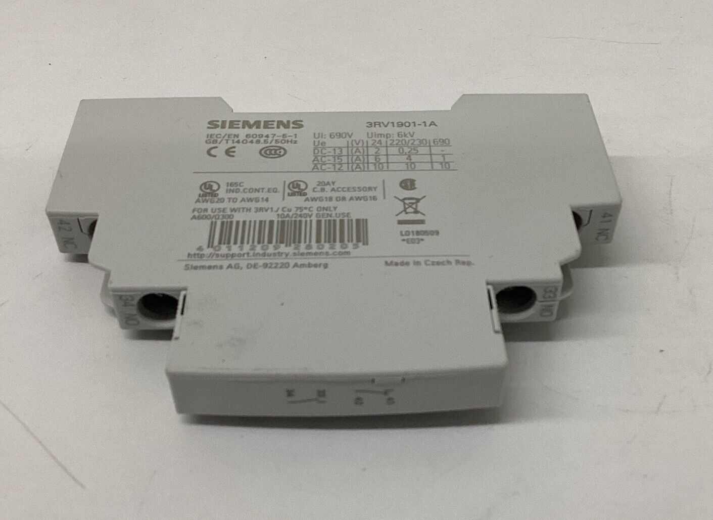 Siemens 3RV1901-1A Auxiliary Contact 1N.O. / 1N.C. (RE163) - 0