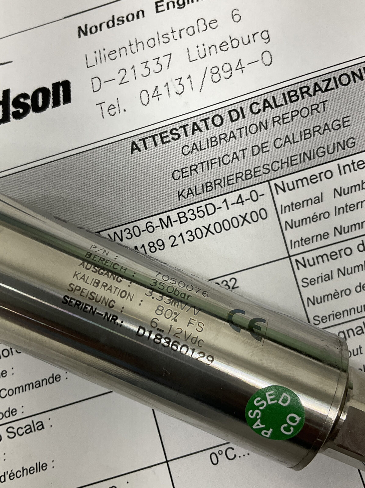 Nordson 7050076 New Pressure Sensor w/ Calibration Record (OV100)
