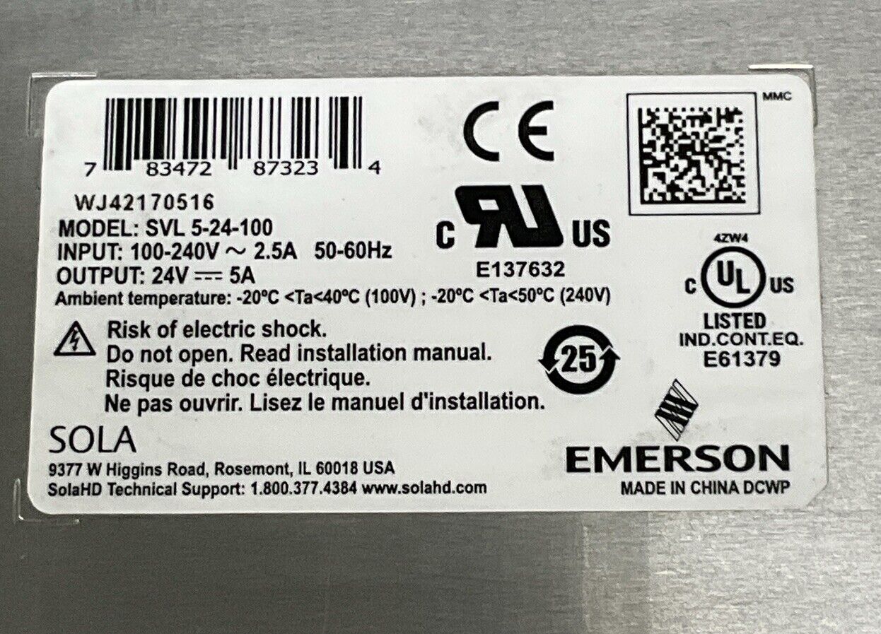 Emerson Sola SVL 5-24-100  DIN Rail Power Supply IN: 100-240 OUT: 24VDC (SH106) - 0