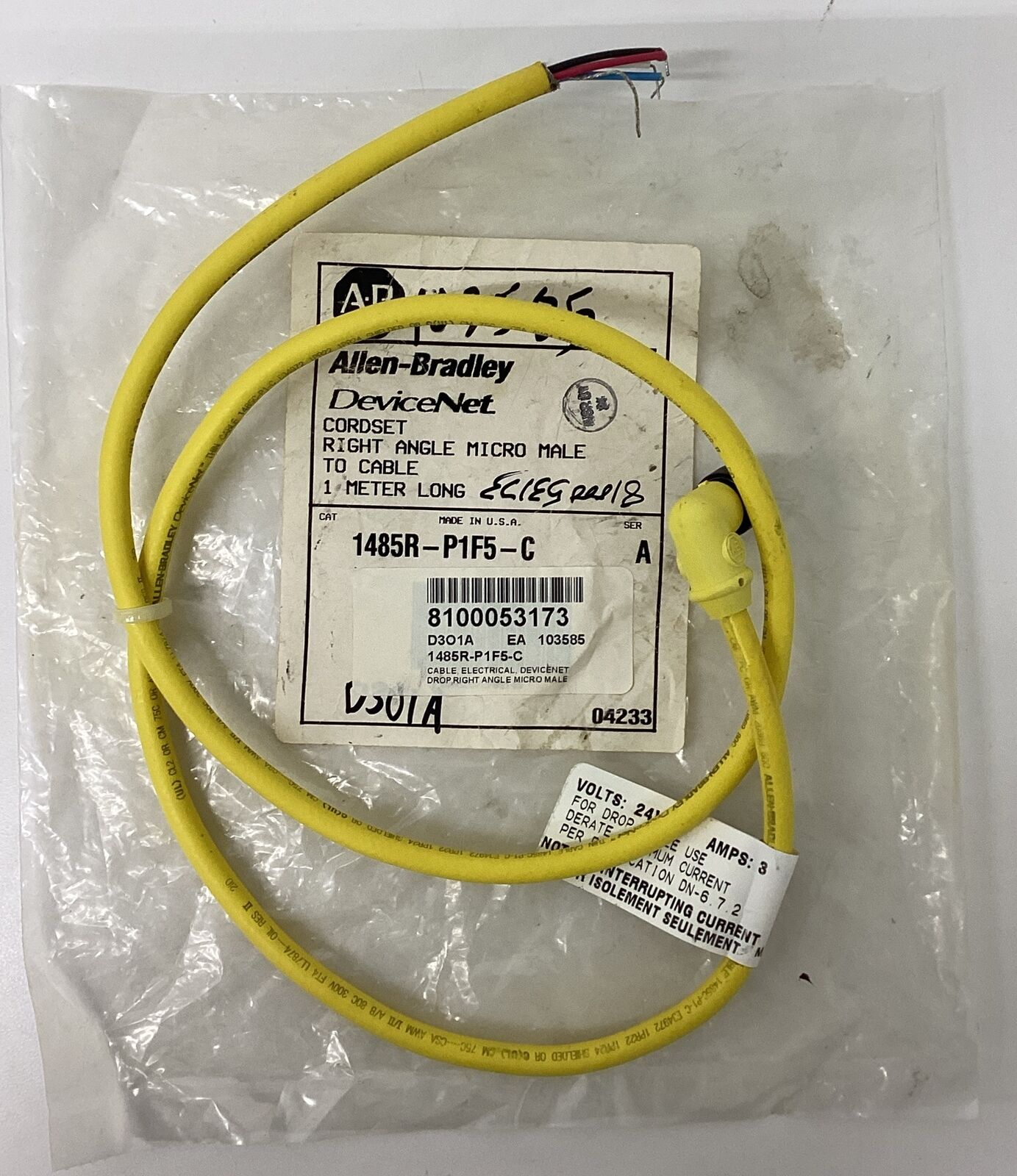 Allen Bradley 1485R-P1F5-C M12 Male Single End DeviceNet Cable 1 Meter (CBL170)