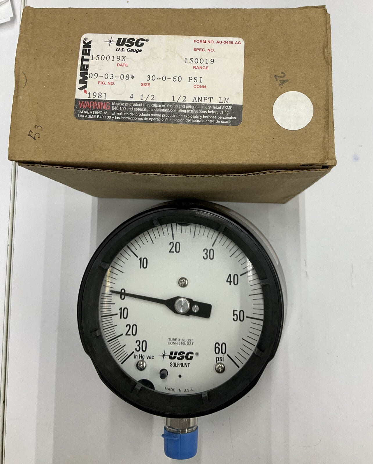 Ametek SS 150019 New US Gauge 4-1/2" in Hg VAC 30-0-60 PSI Pressure Gauge BL177 - 0