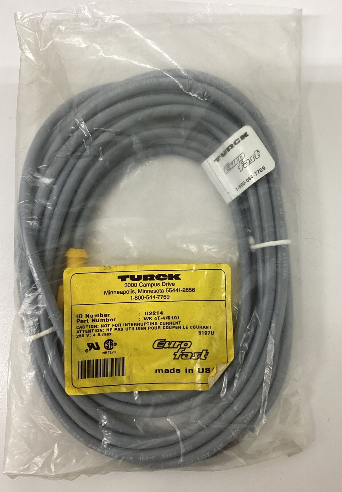 Turck WK4T-4/S101 M12 Female Single End Cable 3-Wire , 90 Degree 4M (RE143)