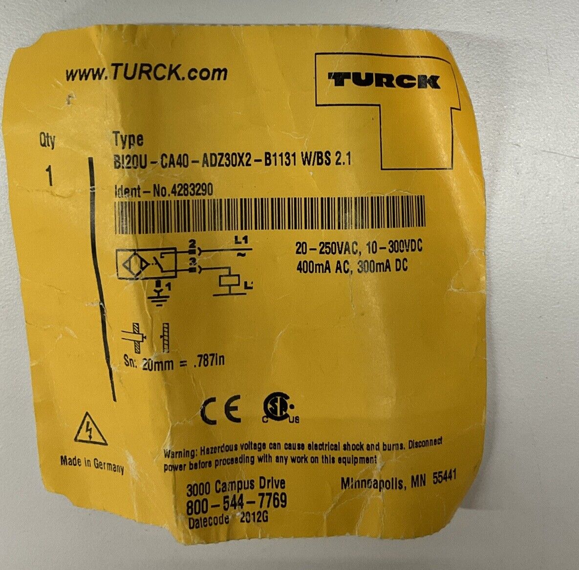 Turck Bi20U-CA40-ADZ30X2-B1131 Proximity Sensor SN:20mm (RE250) - 0