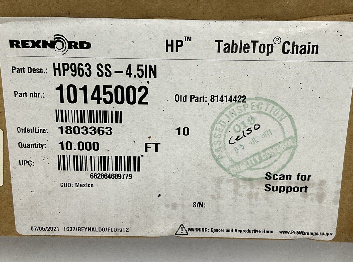 Rexnord HP963SS-4.5IN / 81414422 Table Top Chain 4-1/2" Tan 10145002 (OV136)