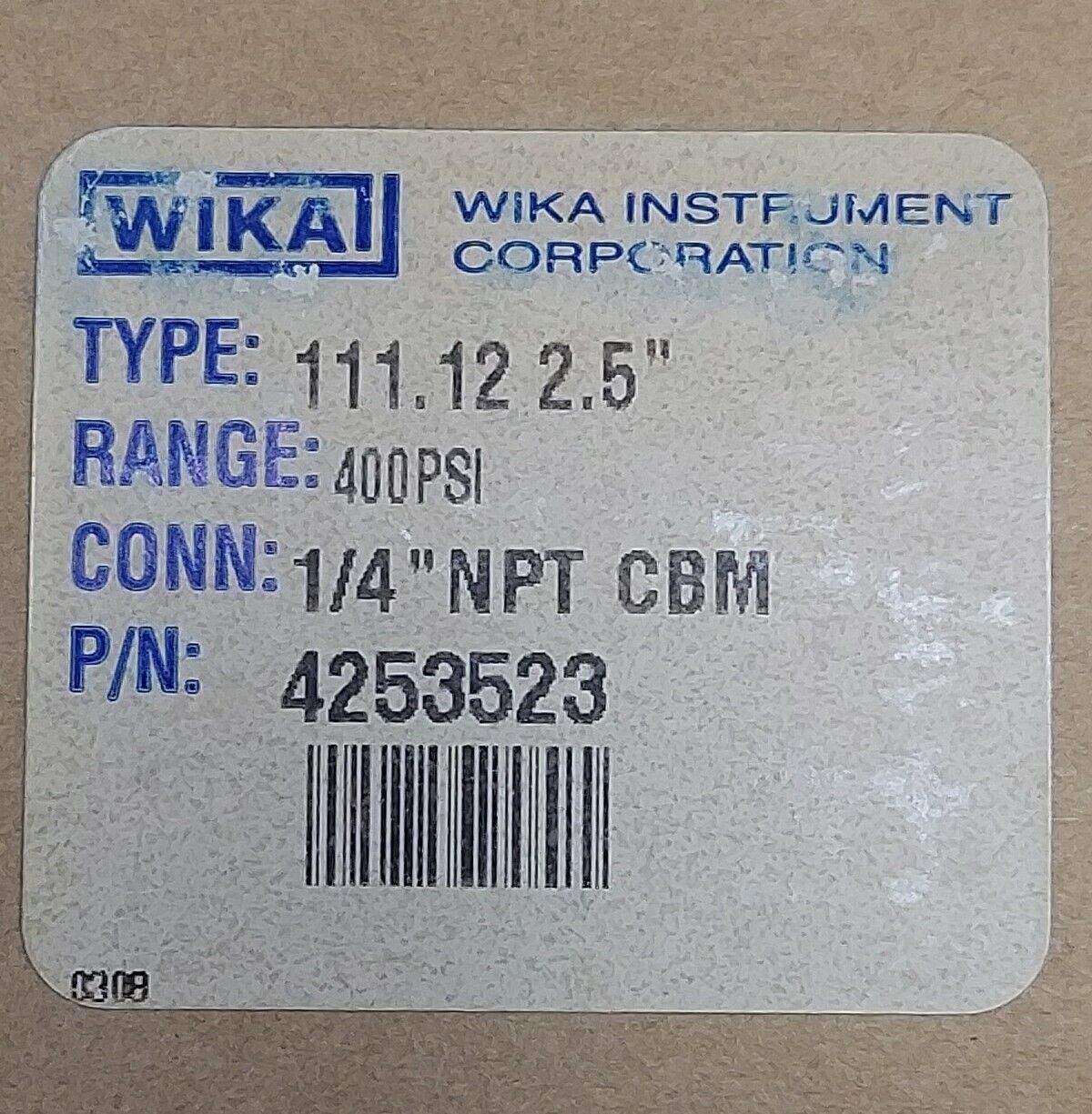 WIKA 4253523 2.5" Pneumatic Pressure Gauge 2-1/2" 400PSI (BK105)