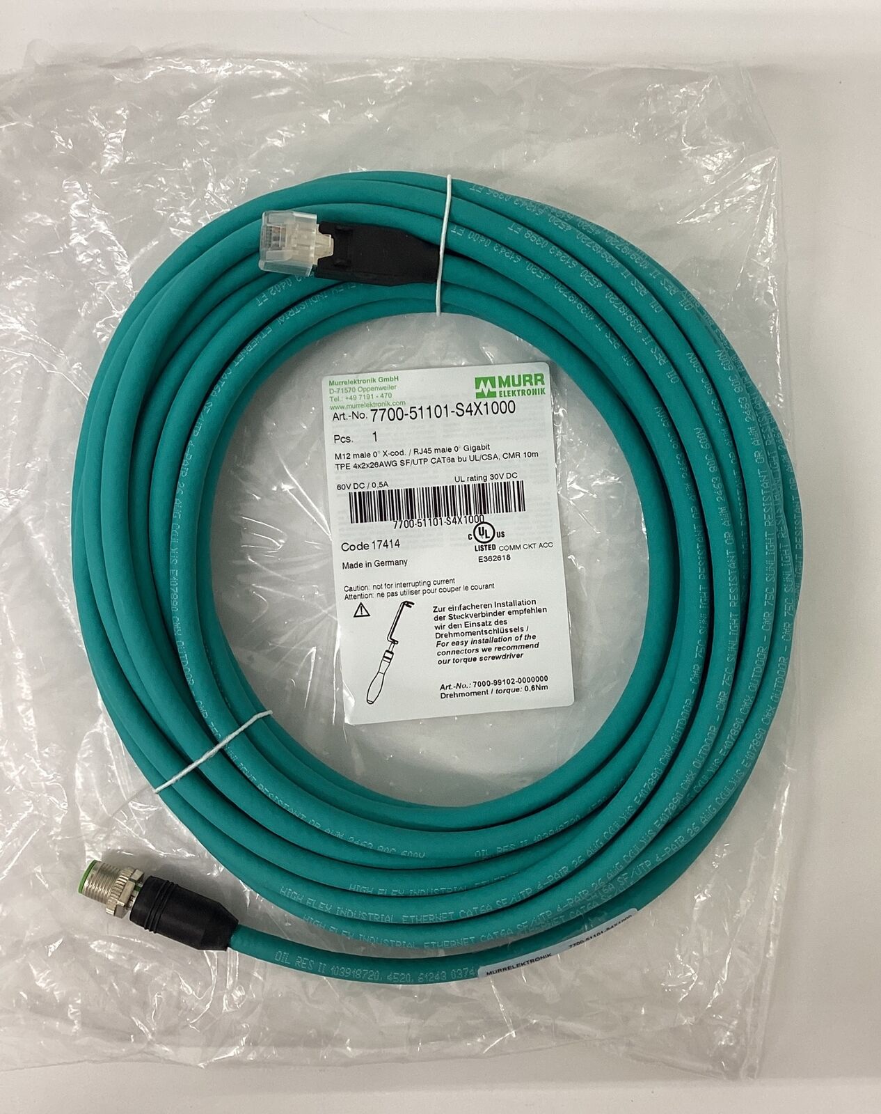 Murr 7700-51101-S4X1000 Male M12 x RJ45 Male Gigabit Cable 10M (CBL151)