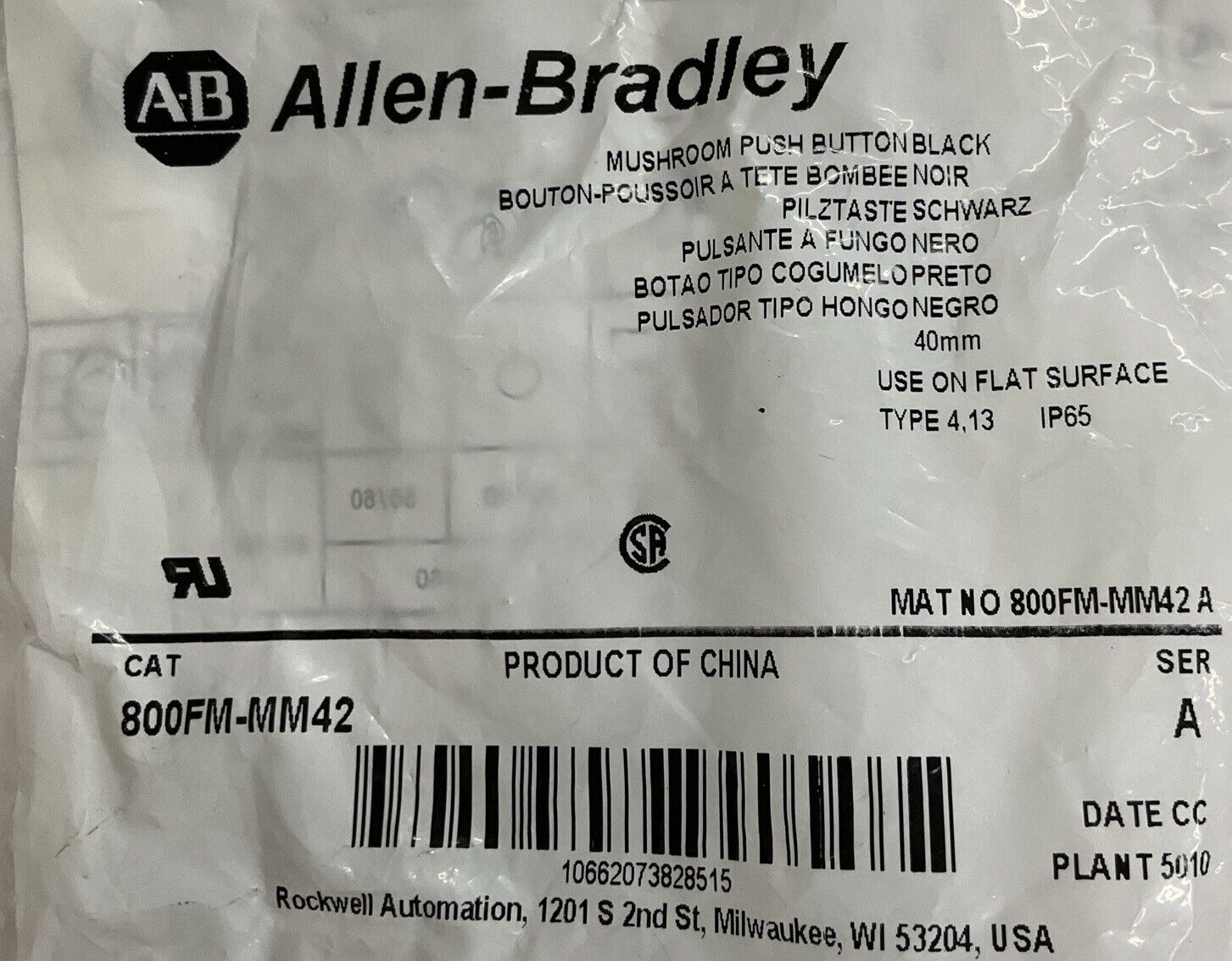 Allen Bradley 800FM-MM42 40mm Black Mushroom Momentary Push Button (RE151)