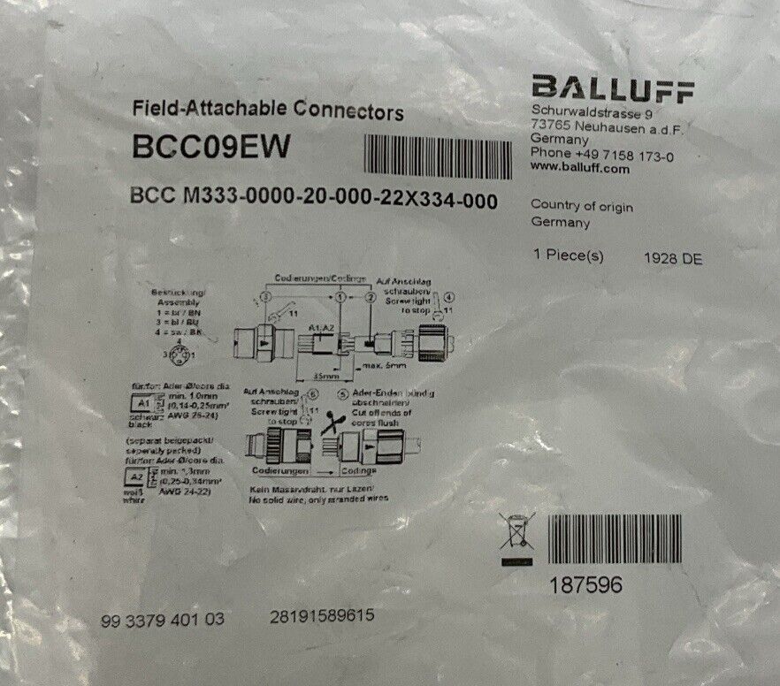 Balluff BCC09EW 3-Pole M8, Male  Field Connector (CL342)