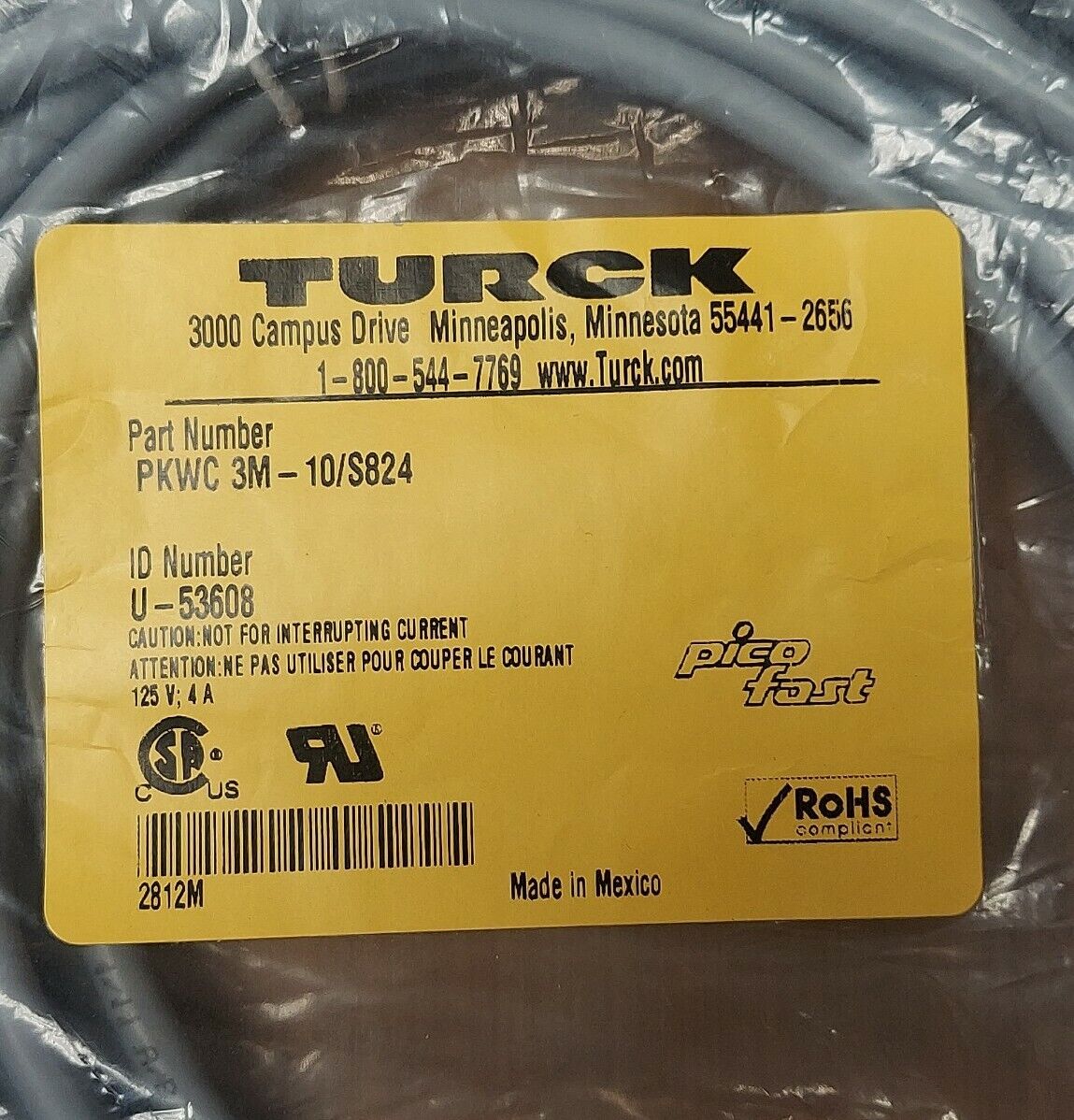 Turck PKWC 3M-10/S824 Pico Fast Cord Set ID U-53608 (BK101) - 0