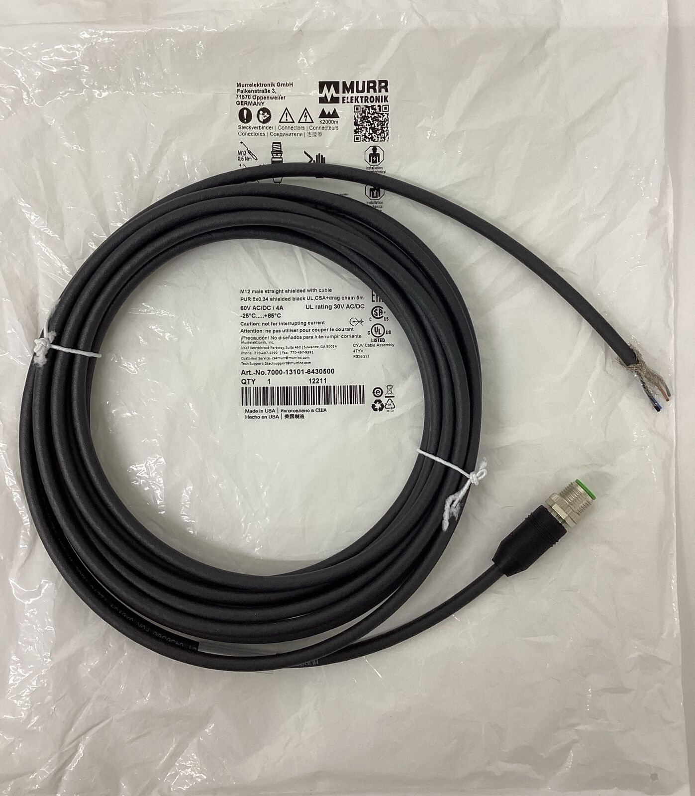 Murr 7000-13101-6430500 M12 Male Shielded Cable 5-Wire 5 Meters (CBL168)