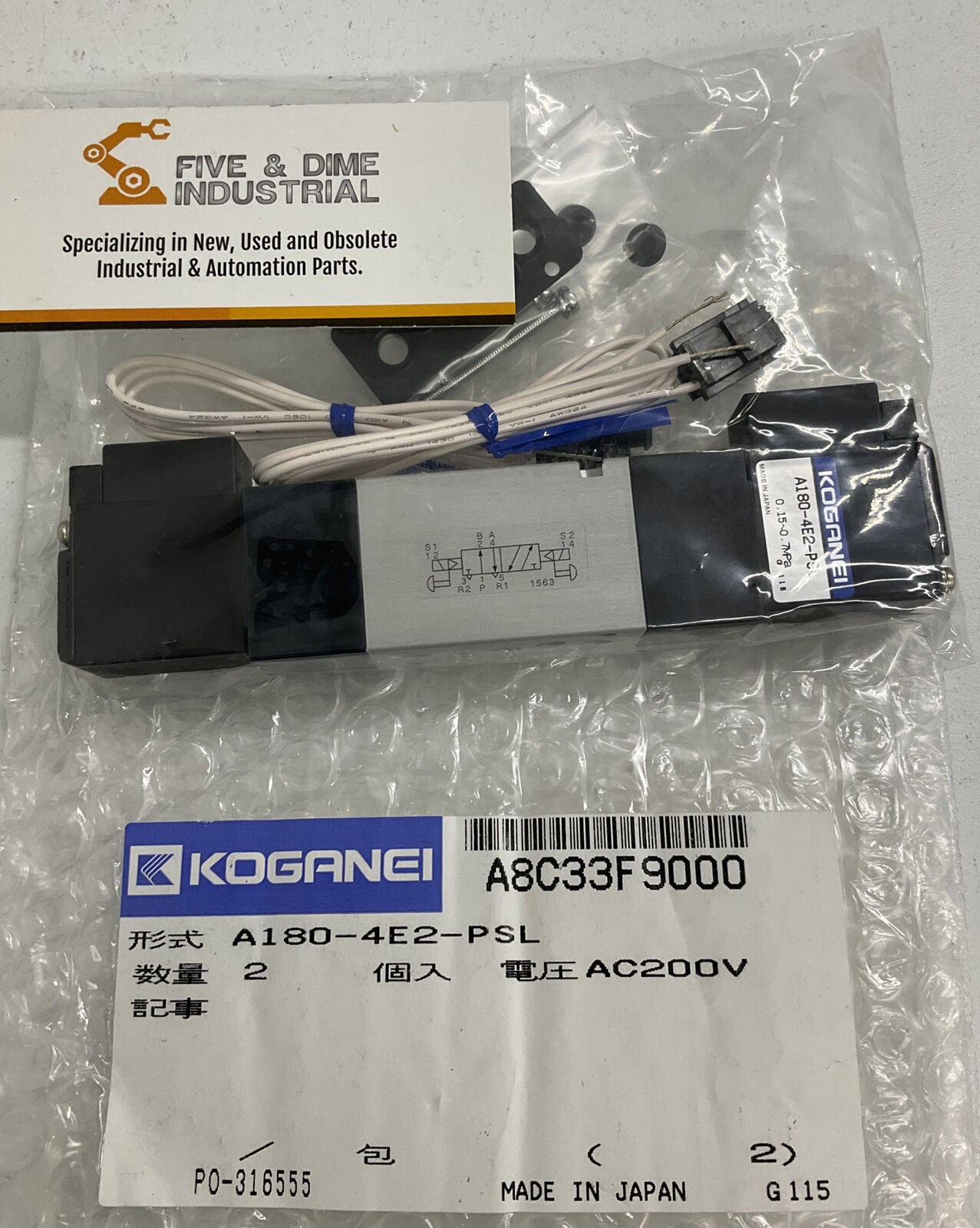 Koganei A180-4E2-PSL Dual Solenoid Pneumatic Valve 180-264 VAC Coil (CL116)
