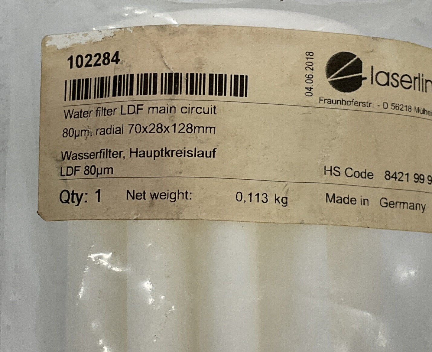 Laserline 102284 LDF Water Filter 80 Micron 70X28X128mm (BL161)