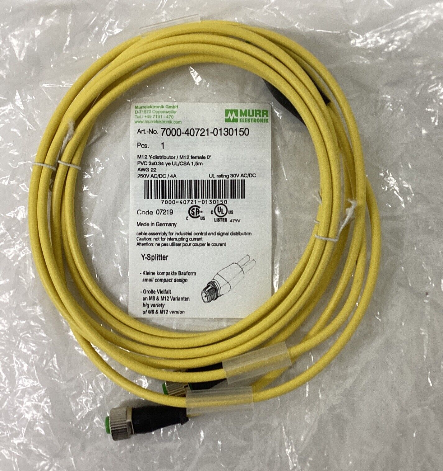 Murr 7000-40721-0130150 M12 Y-Splitter 3-Wire 1.5M (CL379)