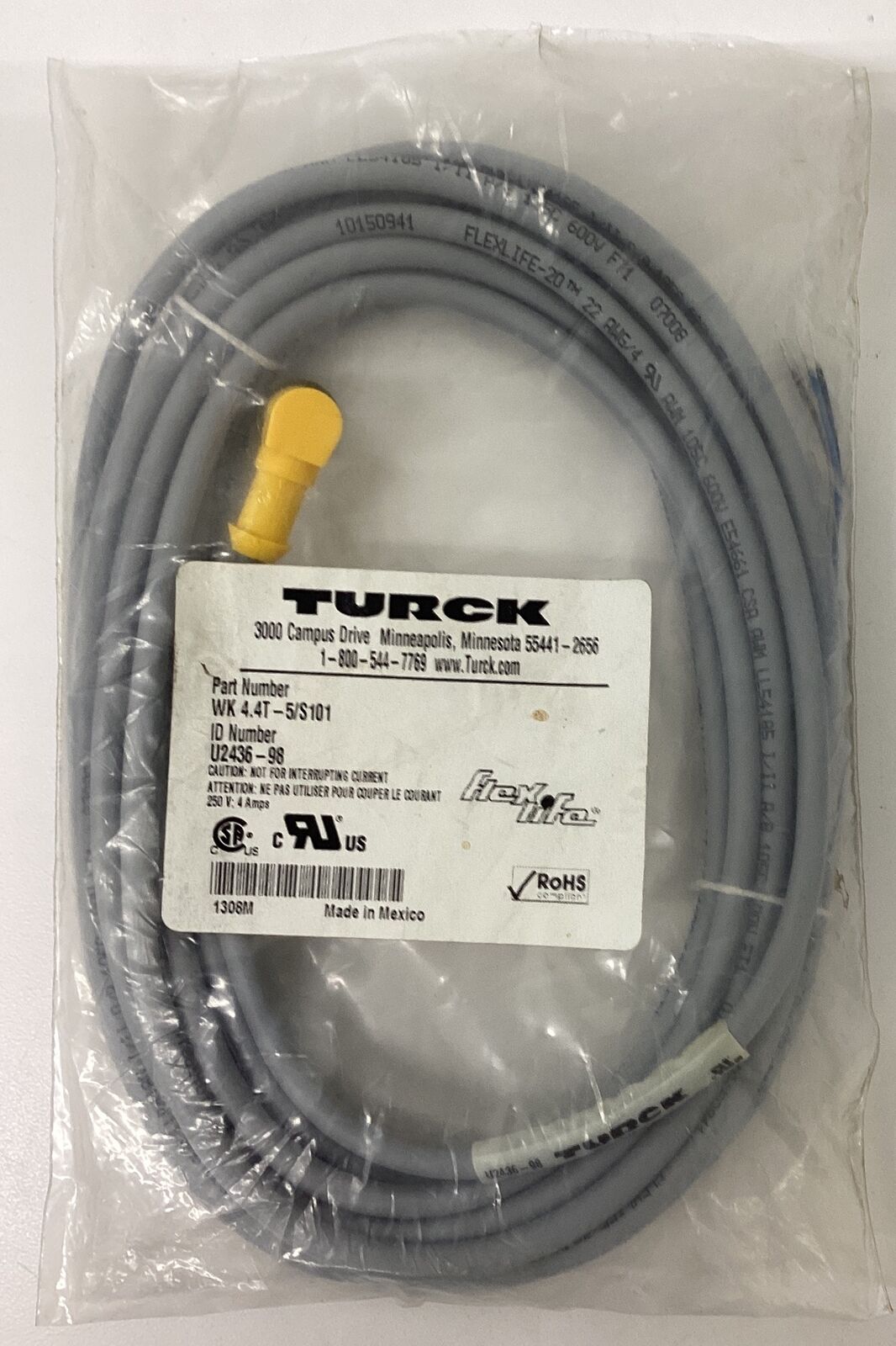 Turck wk-4.4T-5/s101  u2436-98 90 Degree 4 Pole Female Cable (GR210) - 0