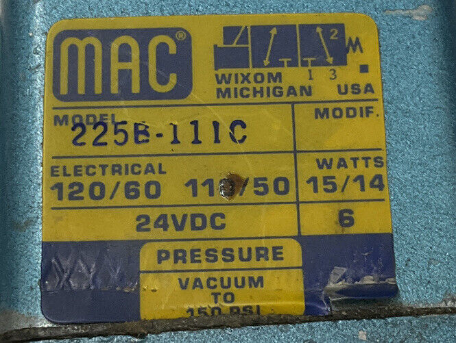 Mac 225B-111C Solenoid Valve 24DC 120/60Hz (CL231)