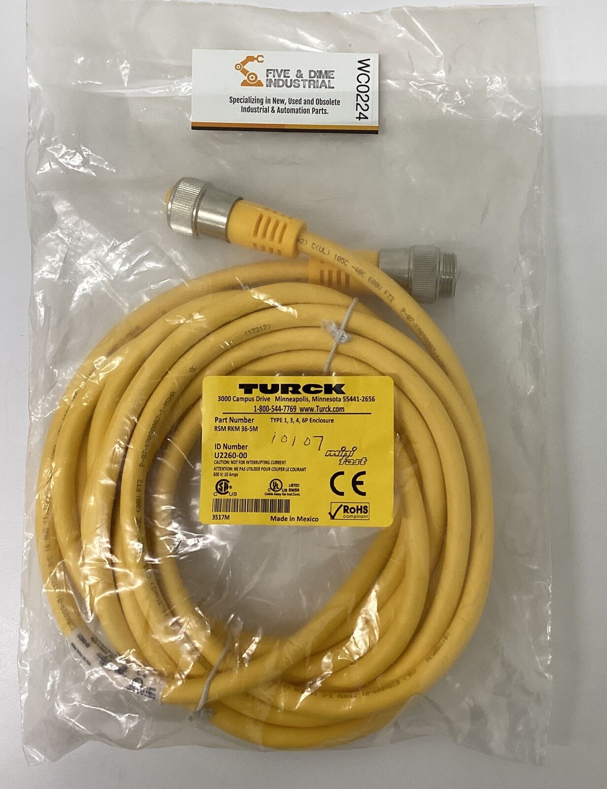 Turck RSM-RKM-36-5M Minifast 3-Pole , 5-meters Male/Female Cable (CBL161)