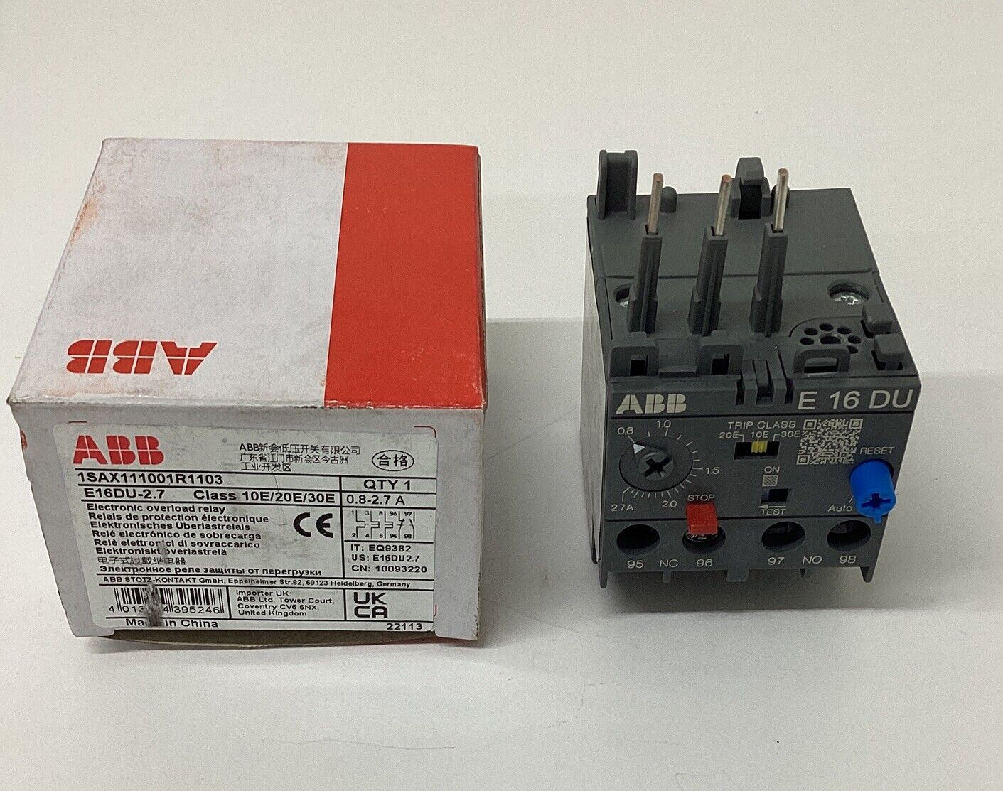 ABB 1SAX11100R1103 / E16DU-2.7 Overload Relay 0.8-2.7 Amp (BK126)