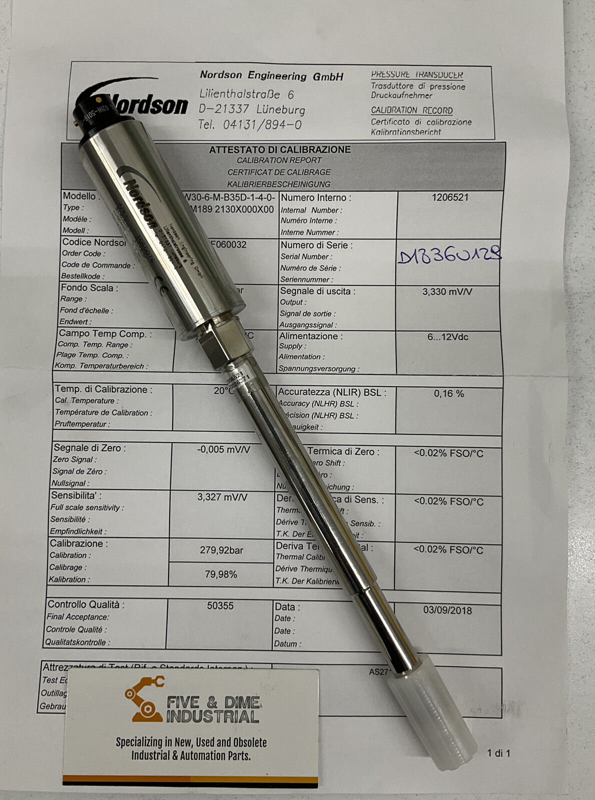 Nordson 7050076 New Pressure Sensor w/ Calibration Record (OV100) - 0