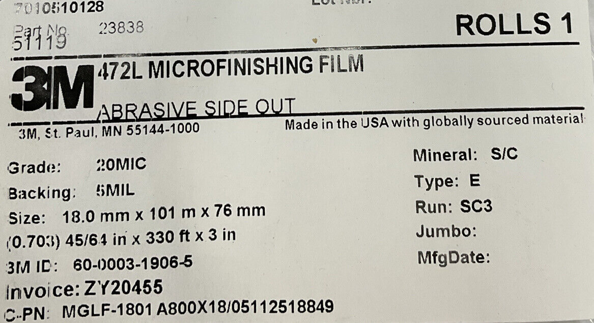 3M 7010510128 45/64 X 330 FT 20 Micron Microfinishing Film (CL254) - 0