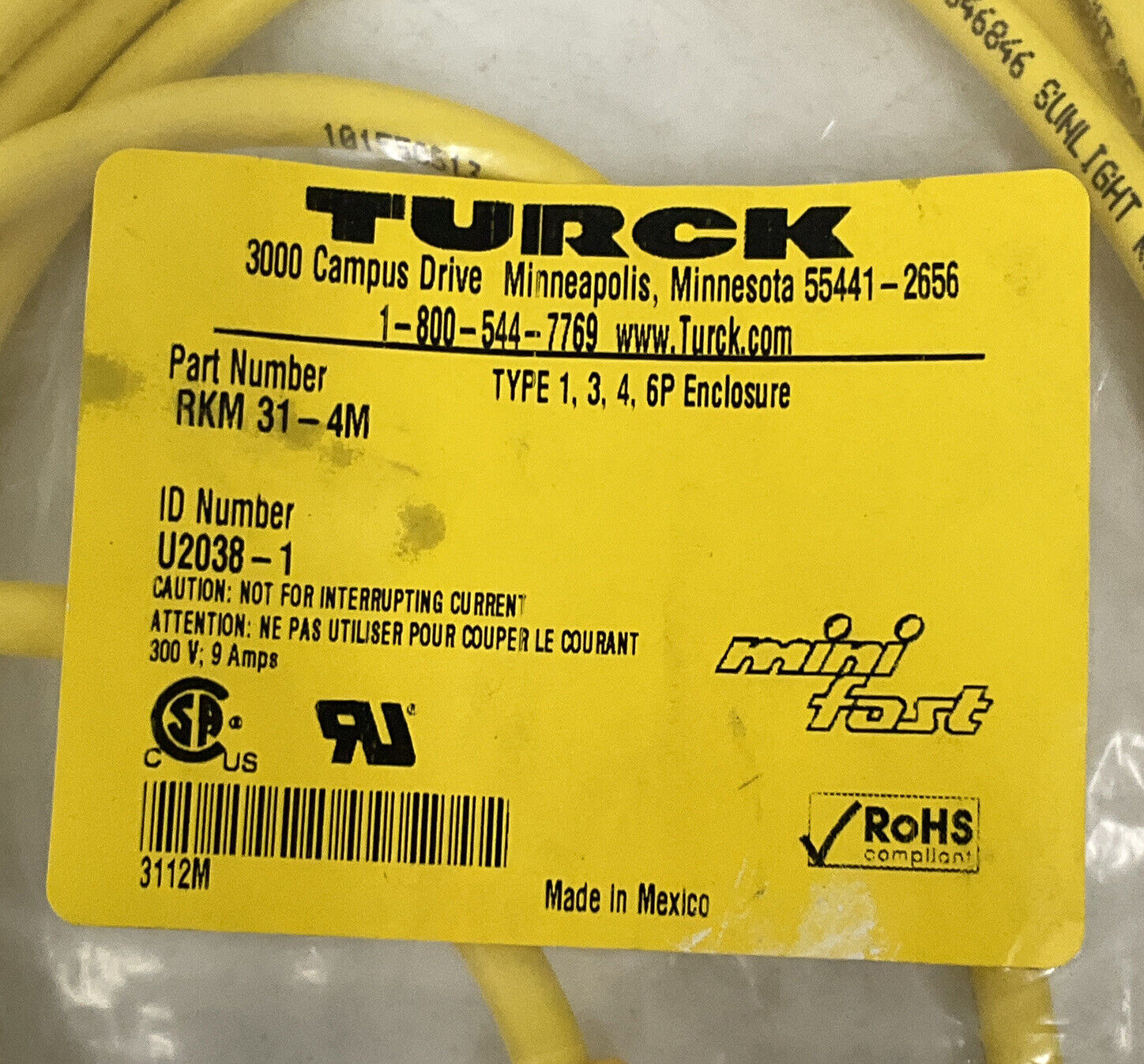 Turck RKM31-4M / U-2038-1 New MiniFast 3-Pin Female Cable 300V,  9 Amp (CBL142) - 0