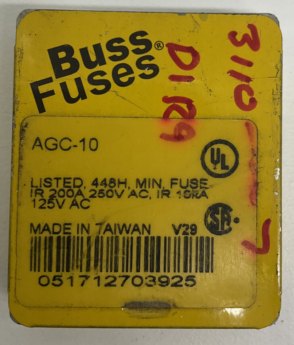 Bussmann Buss AGC-10 Pkg of (5) 10 Amp Fuses 250 VAC (YE261) - 0