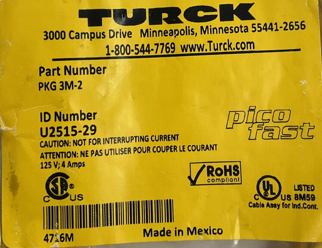 Turck PKG3M-2 M8 Female Single-End Cable 2-Meters, U2515-29 (RE151) - 0