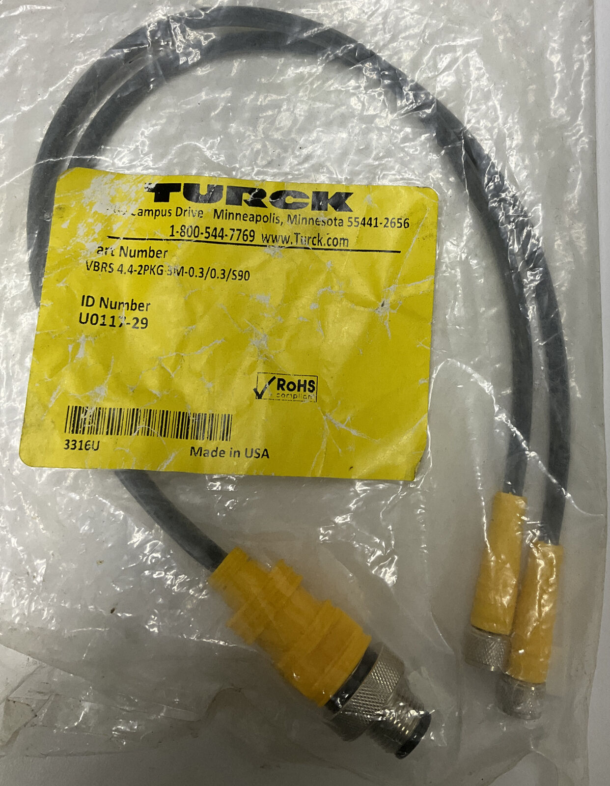 Turck VBRS 4.4-2PKG 3M-O.3/0.3/590 UO117-29 Acuator-Sensor Splitter (YE236) - 0