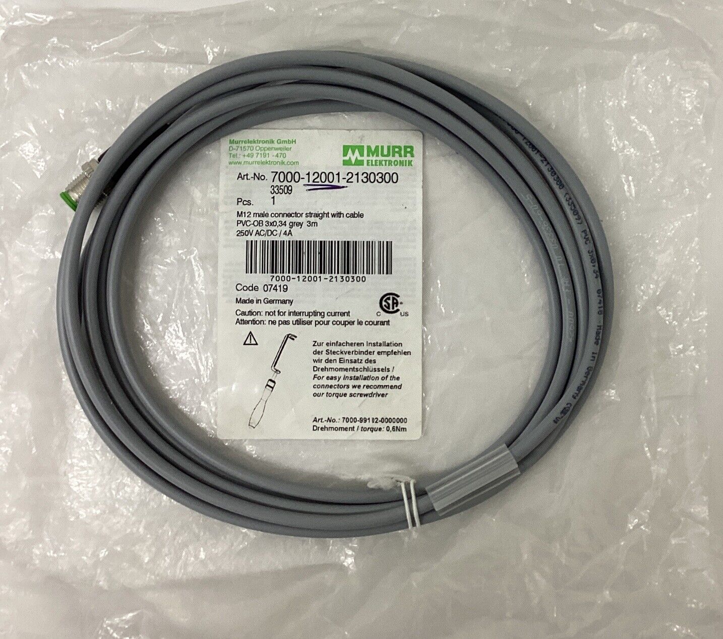 Murr 7000-12001-2130300 M12 Male 3-Pole Single End Cable 3M (BL280)