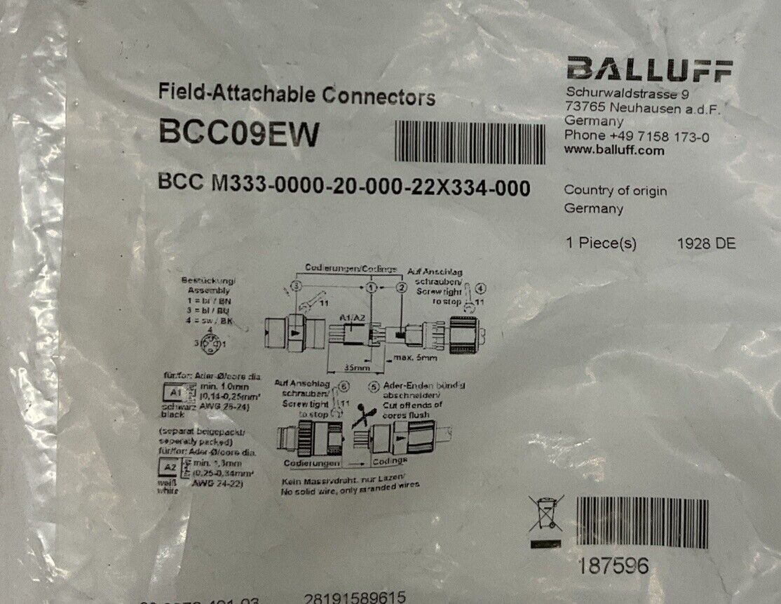 Balluff BCC09EW 3-Pole M8, Male  Field Connector (CL342) - 0