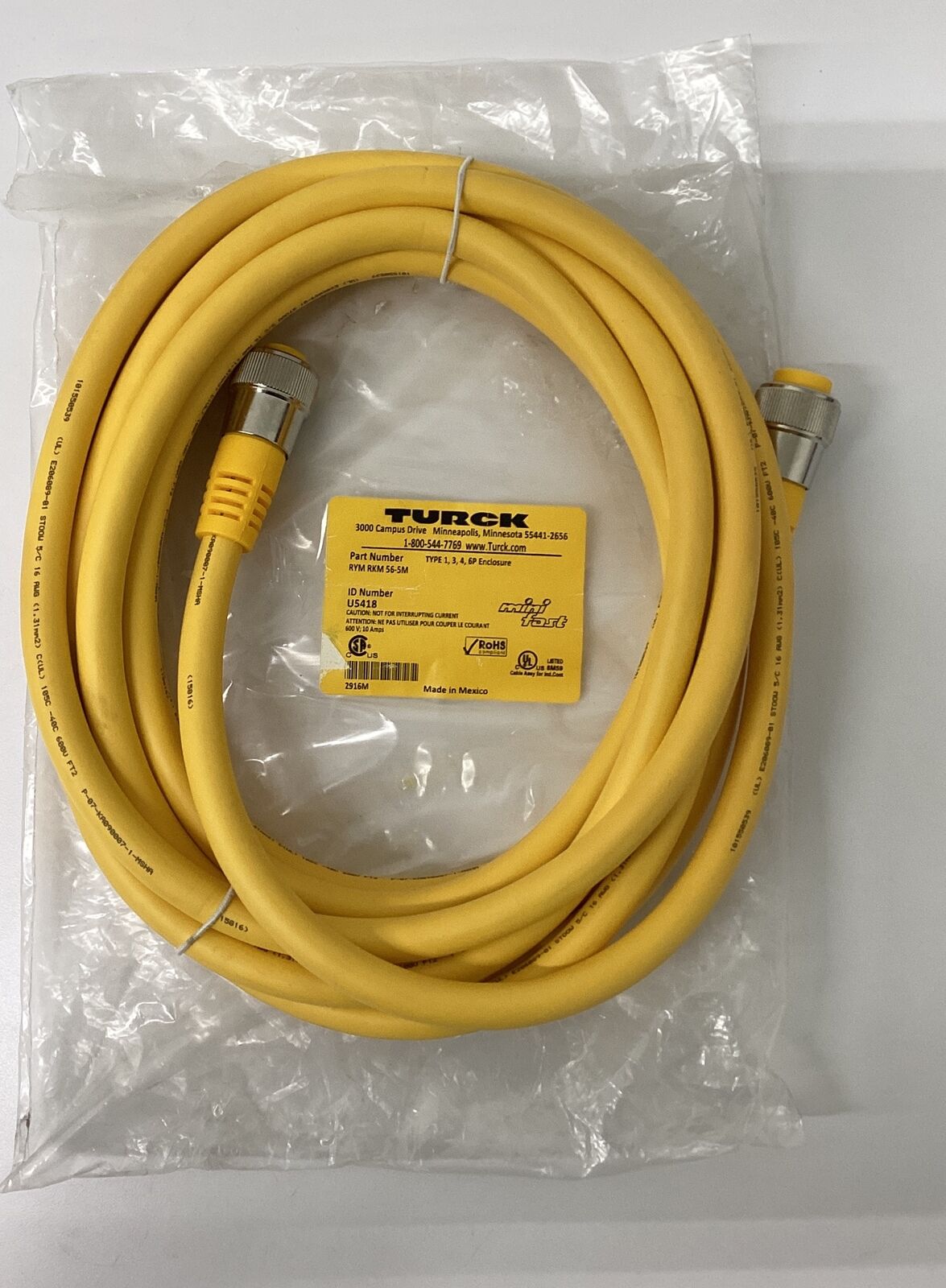Turck RYM-RKM56-5M 5-Pole Male/Female Minifast Cable 5-meters (CBL162) - 0