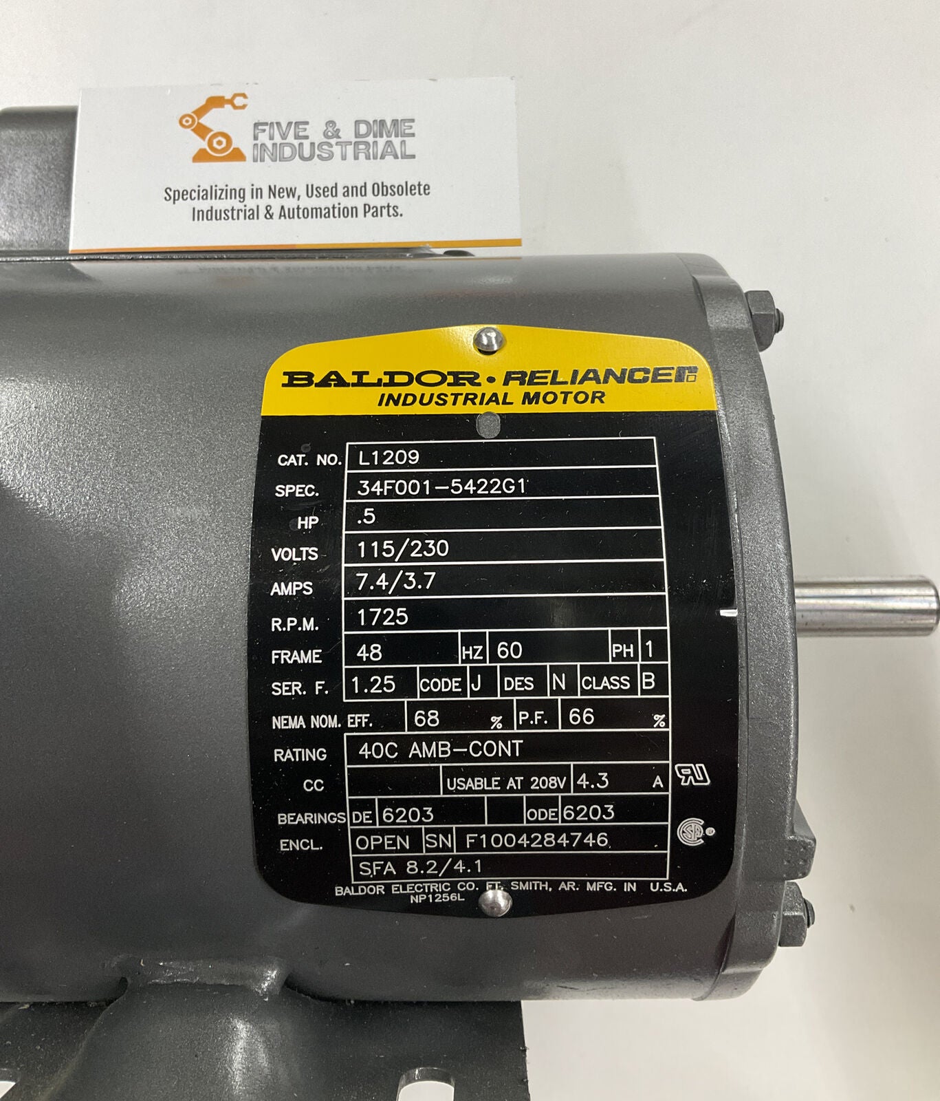 Baldor Reliance L1209 .50 HP 115/230VAC Industrial Motor 1725 RPM Frame 48 OV118
