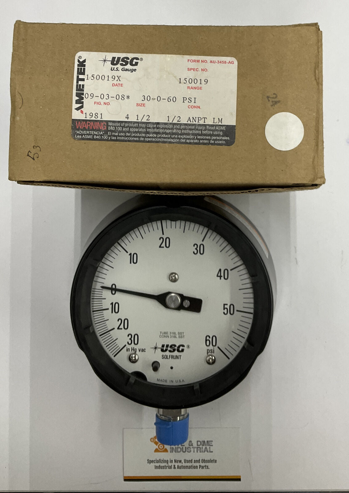 Ametek SS 150019 New US Gauge 4-1/2" in Hg VAC 30-0-60 PSI Pressure Gauge BL177