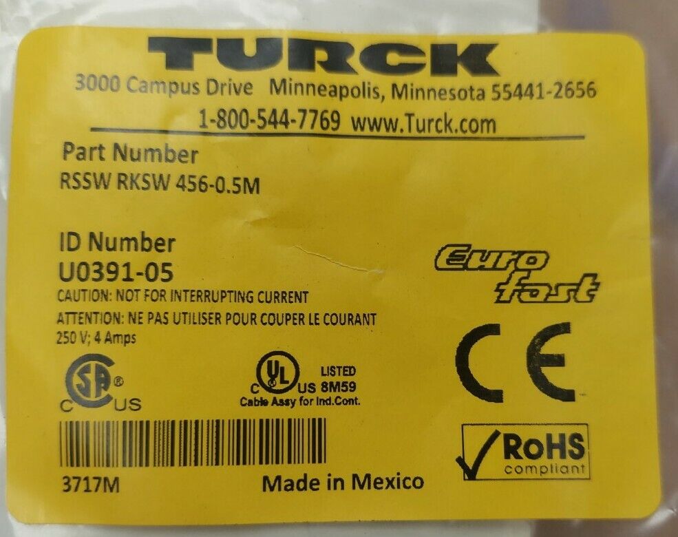 Turck RSSW RKSW 456-0.5M EUROFAST PROFIBUS DOUBLE-END CORD U0391-05 (YE104)