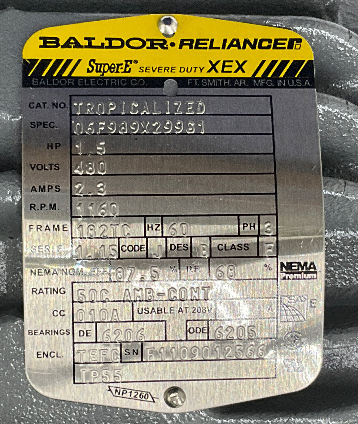 Baldor 06F989X299G1 1.5 HP Industrial Motor, 1160 RPM Frame 182TC, 480V (OV119) - 0