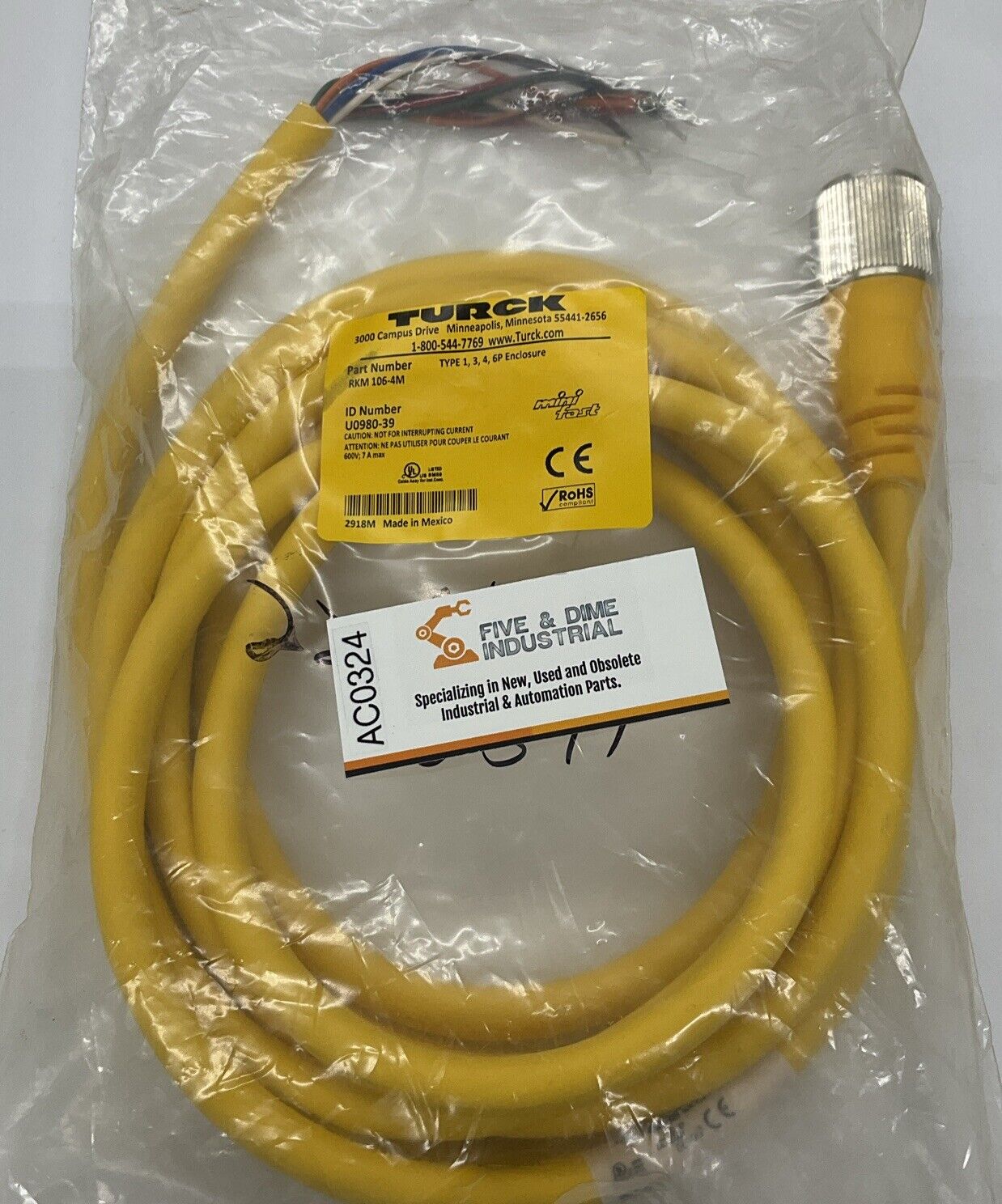 Turck RKM106-4M / U0980-39 Single End 10-Pole 4 Meters Female Cable (CBL156)