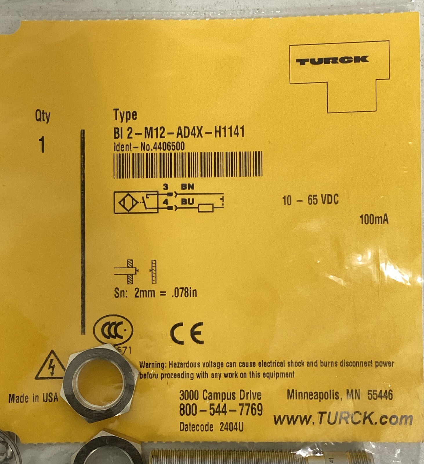 Turck Bi2-M12-AD4X-H1141 / 4406500 Proximity Sensor 10-65VDC, 2mm Sense (BL253) - 0