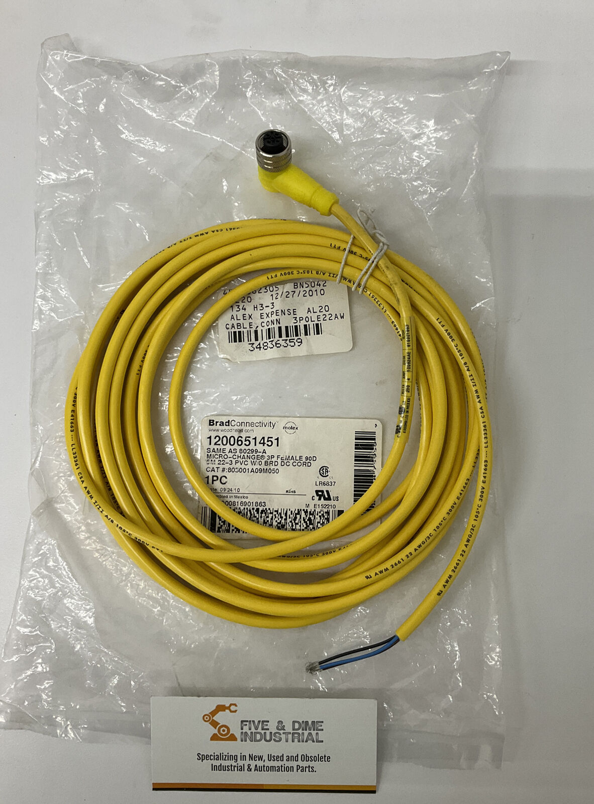 Molex Brad  80299-A / 1200651451  Micro-Change Cable 3P, 5M,  90 Degree (YE158)
