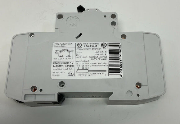 Moeller Eaton FAZ-C20/1-NA 20 Amp Circuit Breaker, 1-Pole, 48VDC, 277VAC