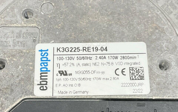 ebmpapst K3G225-RE19-04 225mm Centrifugal Fan 110-130VAC, 2.40A, 170W