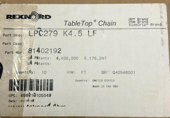 Rexnord LPC279-K4.5 LF Low Pin Centerline Curve Retention TableTop Chain 10 ft.