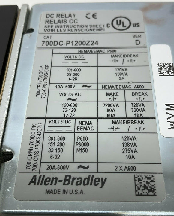 Allen Bradley 700DC-P1200Z24  Operated Contactor Relay 24VDC