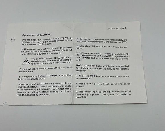 Nordson 274783A RTD Replacement Kit for H20, H200 Guns