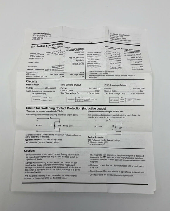 Parker L074480000 MAR-2 Magnetic Reed Switch 5-30VDC, 85-125VAC